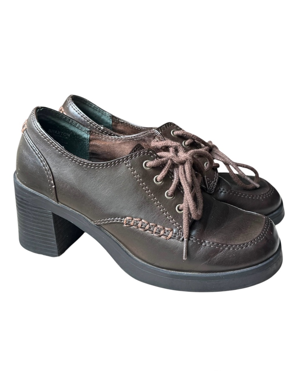 Vintage 90s Y2K Mudd Chunky Block Heel Oxford Loafers Brown Leather Size 7.5